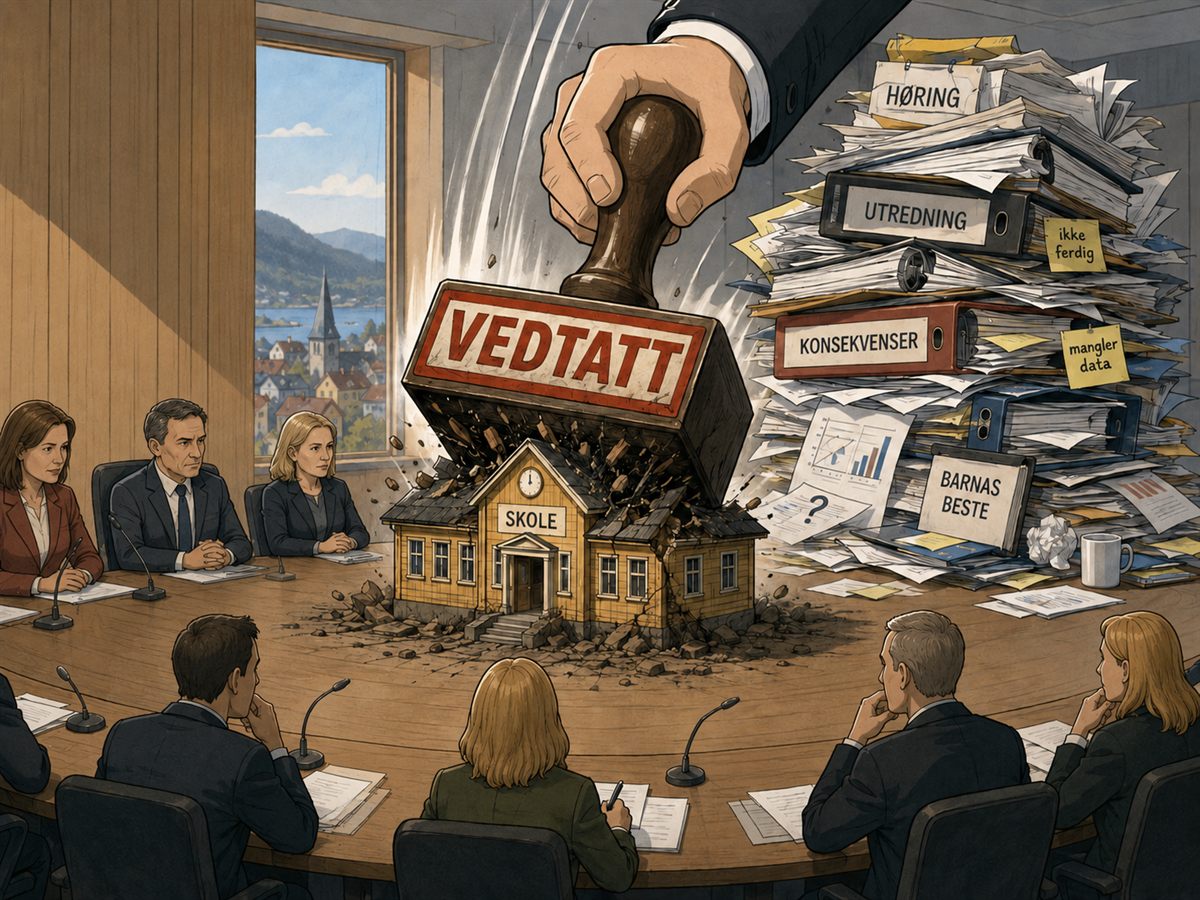 Illustrasjon fra en kommunestyresal: en gigantisk «VEDTATT»-stempel knuser en liten skolebygning på møtebordet, mens politikere ser på. Ved siden av ligger en høy bunke permer merket Høring, Utredning (ikke ferdig), Konsekvenser (mangler data) og Barnas beste.