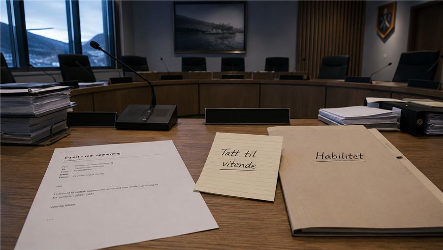 E-post, lapp merket «Tatt til vitende» og en mappe merket «Habilitet» på et møtebord i kommunestyresalen
