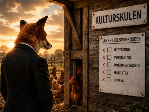Illustrasjon: reven passer hønsehuset – metafor for habilitetsproblemet i kulturskulesaken