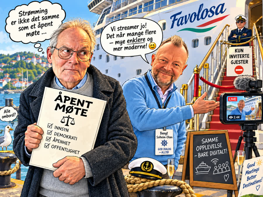 Satirisk illustrasjon: en mann holder et ark med overskriften «Åpent møte» og avkryssede punkter for innsyn, demokrati, åpenhet og offentlighet, mens en annen mann med navneskilt peker mot landgangen på et cruiseskip der det henger et skilt med «Kun inviterte gjester». Ved siden av står et kamera som strømmer direkte.